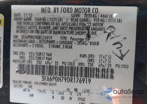 2013 Ford Fusion Se from USA, damaged, VIN 3FA6P0H79DR176919